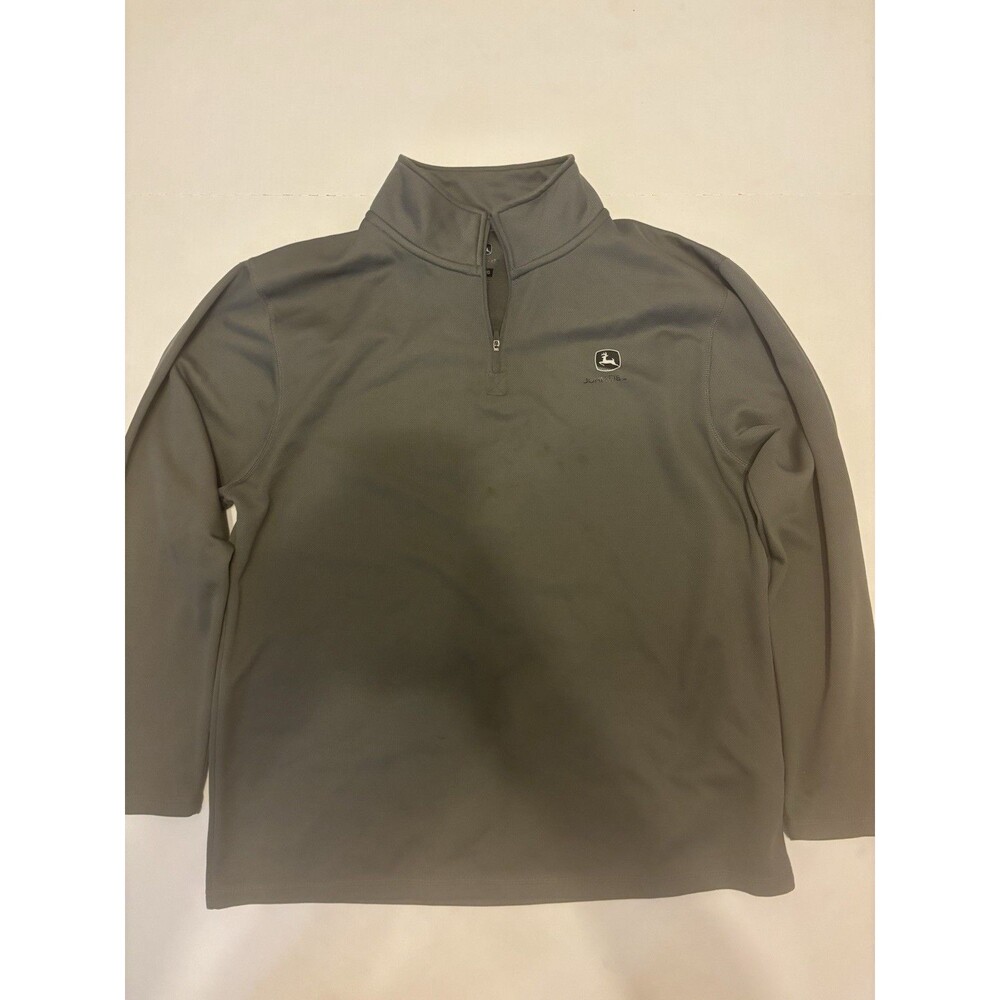 John Deere Men's L Gray 1/4 Zip Mock Neck Solid Logo Pullover 3/4 Sleeve